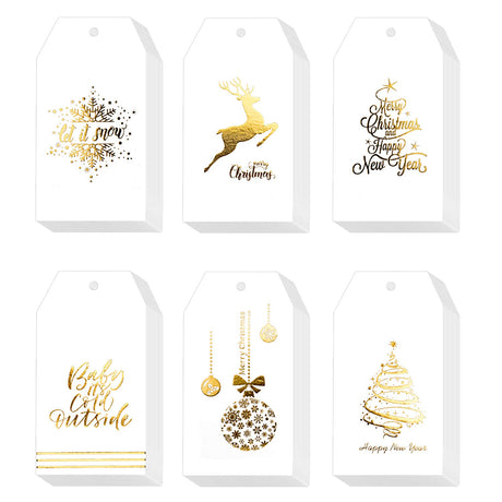 Whaline 120 Pcs Christmas Gold Foil Paper Gift Tags Holiday Hang Name Tags Label with Twine for DIY Xmas Present Happy New Year Party Decoration Whaline