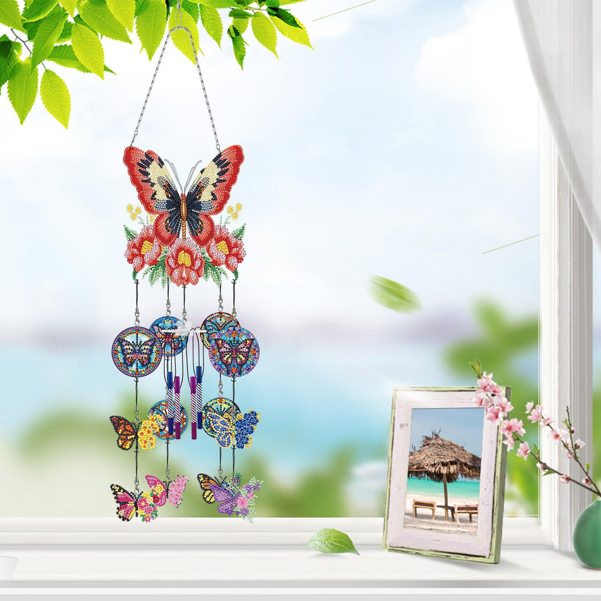 Generic DIY Dotted Diamond Art Painting Wind Chime Kit, Three-Dimensional Sun Catchers Diamonds Dot Paintings Hanging Ornaments, for Spring Garden (Double-Sided Point Drilling) (#05-1PC Butterfly) Generic