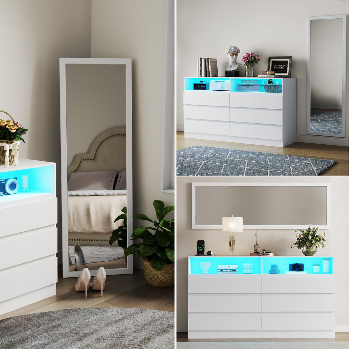 Gyfimoie 6 Drawer Dresser with Mirror for Bedroom, Accent Chests of Drawers with LED Light and Power Outlet, White 6 Dresser with Charging Station and 47"x15.7" Full Length Mirror (White) Gyfimoie