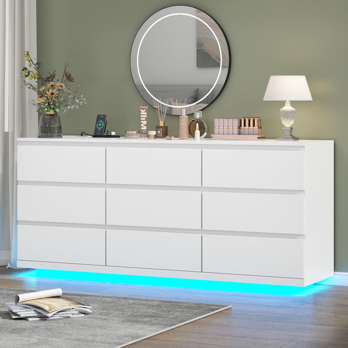Gyfimoie 9 Drawer Dresser with Power Outlet, Floating White Dresser Chest of Drawer with LED Light,Modern Double Wide Drawer Organizer Cabinet for Bedroom,Living Room (9 Drawer-White) Gyfimoie