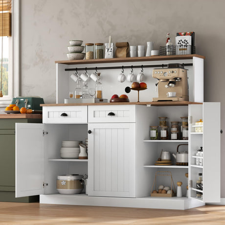 Gyfimoie Sideboard Buffet Cabinet with 2 Drawers, Farmhouse Kitchen Pantry with Adjustable Shelves, Coffee Bar Cupboard Cabinet with 3 Doors for Kitchen, Dining Room (White) Gyfimoie
