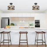 2-Light Farmhouse Semi Flush Mount Ceiling Light Fixture, Rustic Drum Wood Ceiling Lamp for Hallway Kitchen Entryway Foyer Bedroom Laundry Room, Nature Wood Texture and Black Metal Fence Finish WOAEKR