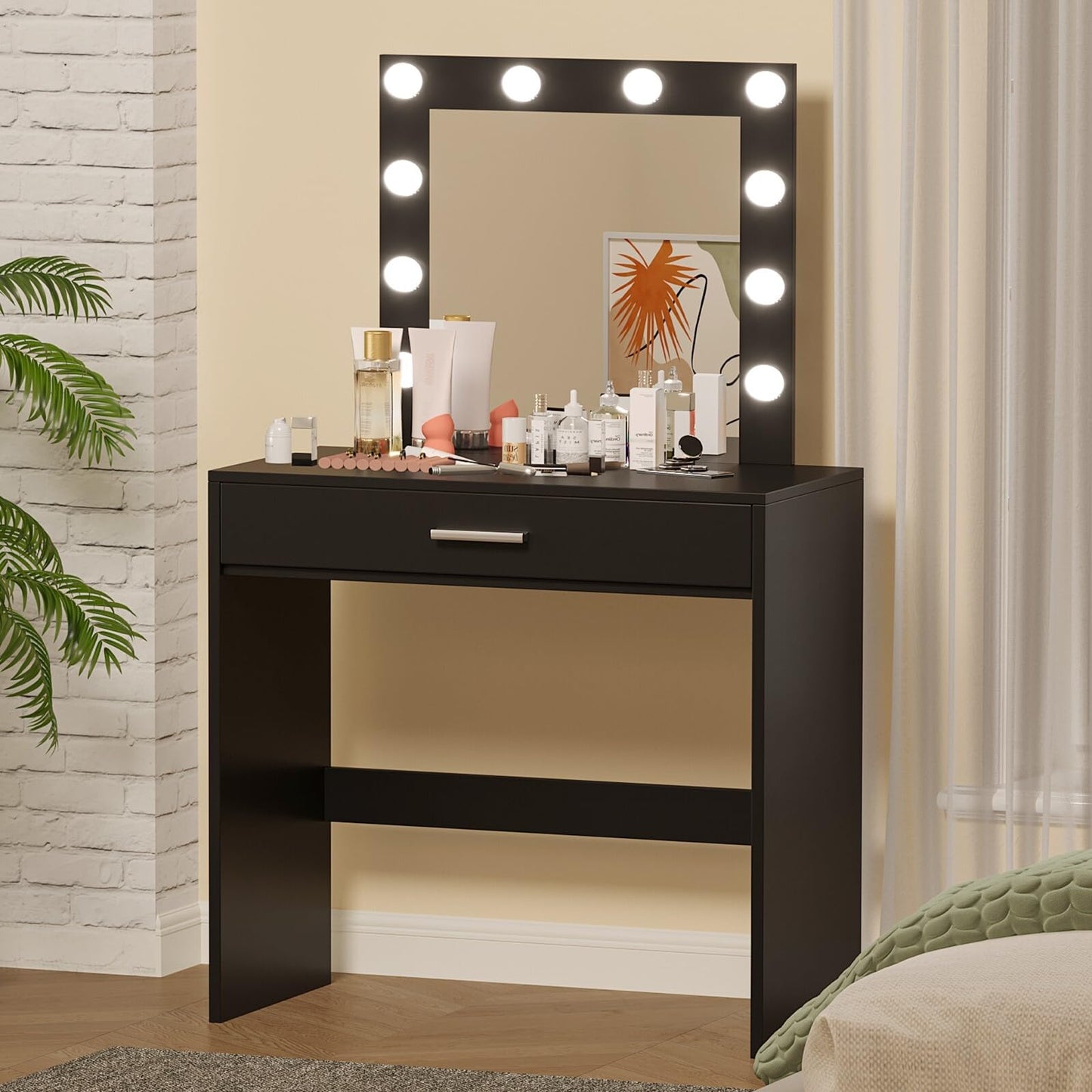 Reettic Makeup Vanity Table with Lighted Mirror, Vanity Desk with Drawers, Bedroom Dressing Table, 10 LED Blubs & Adjustable Brightness, for Women, Mother, Girls, Black RSZT102B - WoodArtSupply