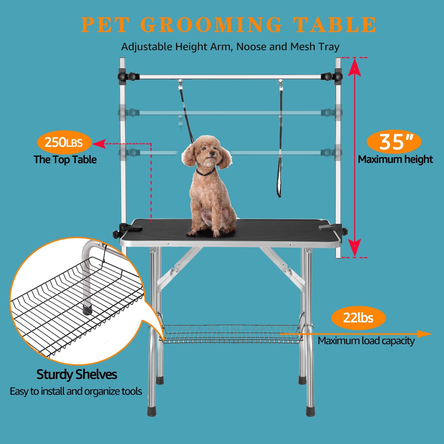 Professional Dog Pet Grooming Table Adjustable Heavy Duty Portable w/Arm & Noose & Mesh Tray (36", Black) - WoodArtSupply