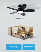 VONLUCE Ceiling Fans with Lights, 36 Inch Ceiling Fan and Remote, Full-spectrum LED Light, 3CCT, 6-Speeds Noiseless Reversible DC Motor, Modern Ceiling Fan for Bedroom Living Room Farmhouse, Black VONLUCE