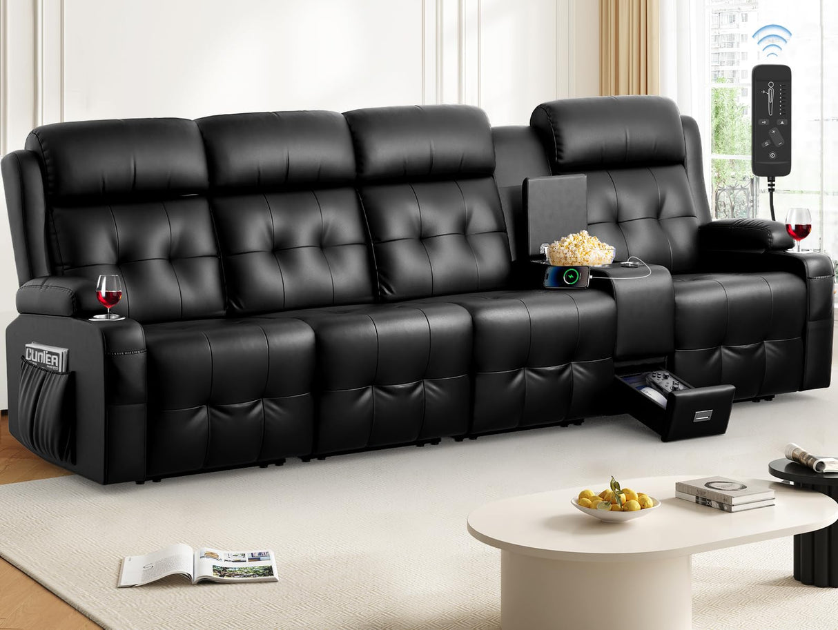Massage Loveseat Recliner, PU Leather Home Theater Seating with Center Console, USB Charging & Cup Holders, Ergonomic Couch Sofa for Movie or Gaming (Black, 4-Seater) TOMOSLTER