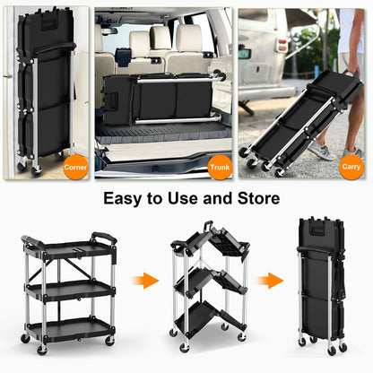 Himix Foldable Service Carts with Wheels, 3 Tier Portable Folding Utility Rolling Tool Cart, Collapsible Storage Cart, Holds 220lbs Plastic Push Cart - WoodArtSupply