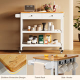 Gizoon Kitchen Island Cart on Wheels with 40'' Wood Tabletop, 2 Open Tiers Spacious Storage Shelves and Towel Rack, Rolling Utility Cart with 3 Side Hooks and 2 Drawer for Dining Room, Bar, White Gizoon