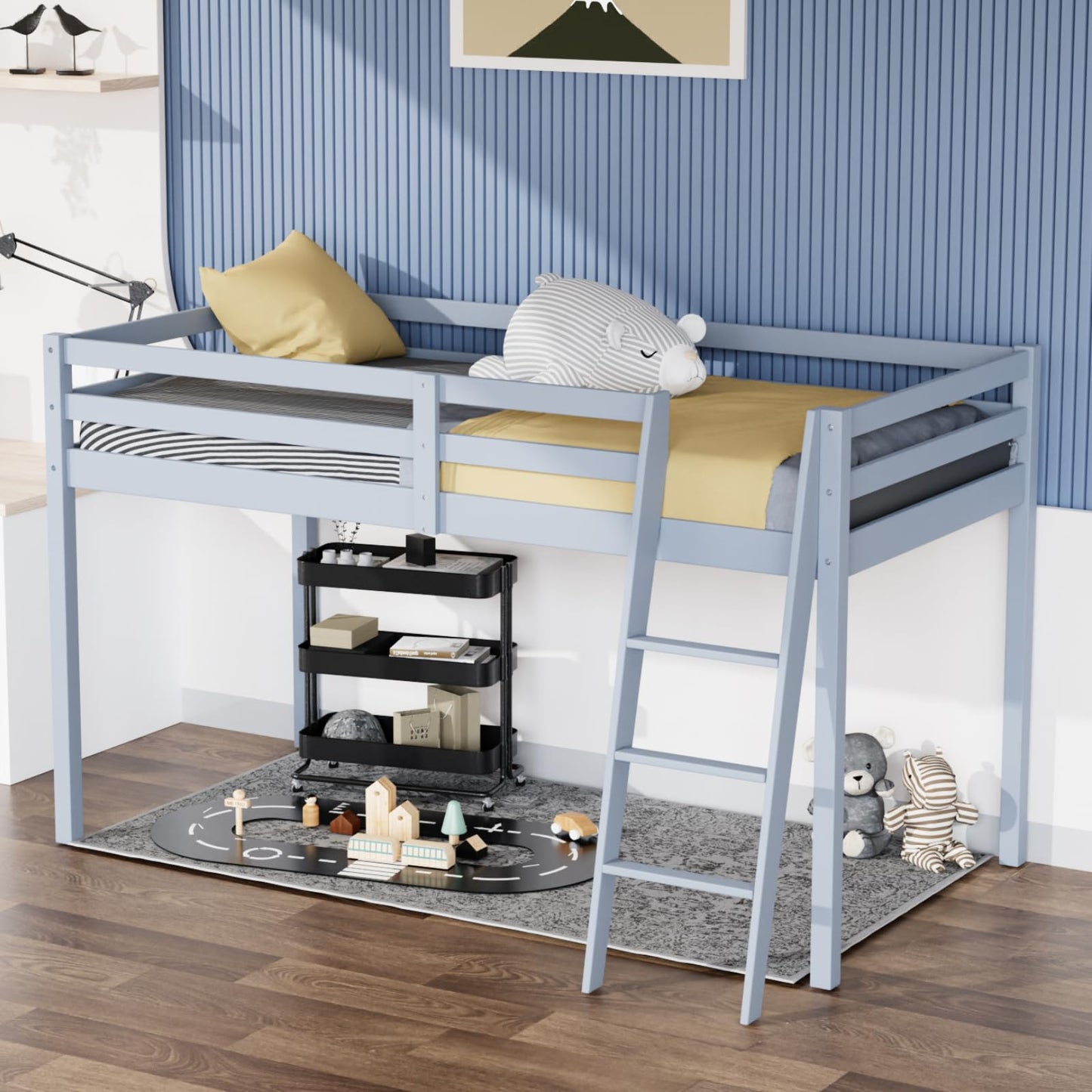 VINGLI 47'' Twin Low Loft Bed with Stairs - Sturdy Pine Wood Frame in Grey for Kids and Teens - WoodArtSupply