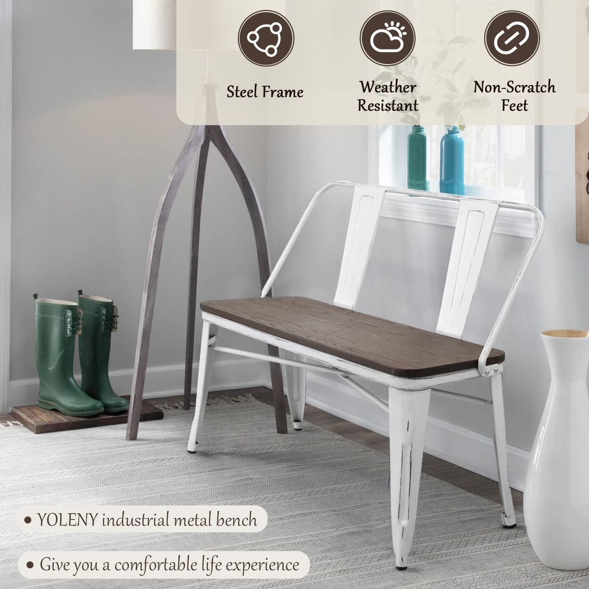 YOLENY Dining Bench, Entryway Bench with Back, Farmhouse Metal Dining Bench, Industrial Mid-Century 3 Person Rustic Spindle Bench, with Wood Seat, Removable Backrest, 42in, White YOLENY