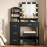 Quimoo Vanity Desk with Mirror and 10 LED Lights, Makeup Vanity with Charging Station and 4 Drawers Chest & Shelves, Vanity Set, Vanity Table with Cushioned Stool, for Bedroom, Black Quimoo