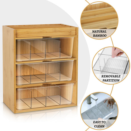 TIMIEEYA Tea Bag Organizer - Bamboo Tea Storage Organizer With Drawer 3 Layer, Tea Organizer for Tea Bags Natural Wood & Acrylic for Countertop Office Kitchen Cabinet Pantry TIMIEEYA