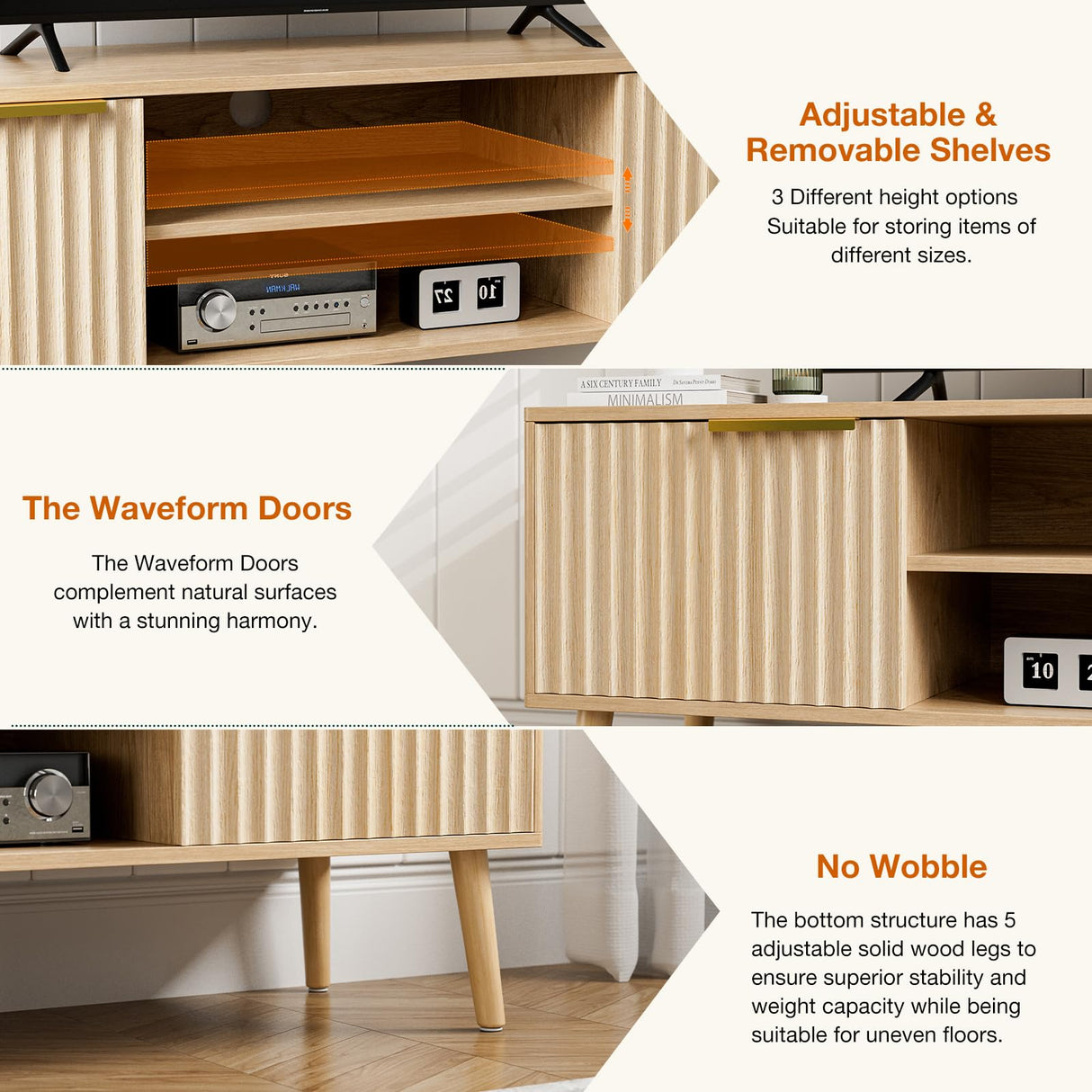 TV Stand for Living Room, Modern Entertainment Center for 55/60/65 inch TVs, Media Consol with Fluted Door Cabinets and Open Shelves, for Bedroom, Oak LCRBOL