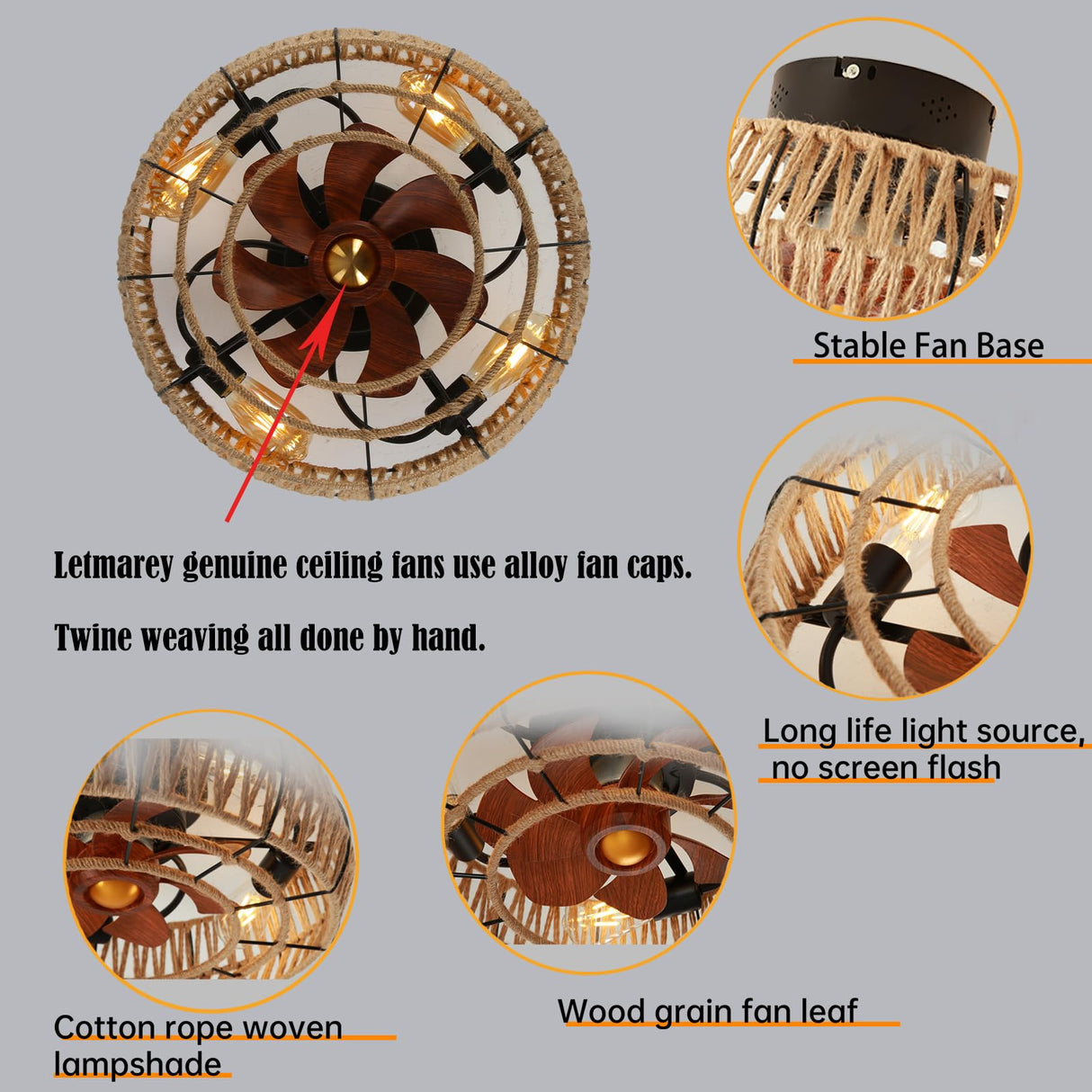 Letmarey 20" Caged Ceiling Fans with Lights and Remote, Boho Flush Mount Ceiling Fan with Light, Low Profile Chandelier 6 Speed Bladeless Reversible Ceiling Fan w/ 4 Bulbs. for Living Room Bedroom. Letmarey