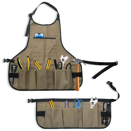 Realand 14 Pockets Tool Apron + 13 Pockets Waist Tool Belt, Sturdy Oxford Work Apron Vest for Carpenter Garden Woodworker Shop, Woodworking Aprons for Men Women, Khaki Realand