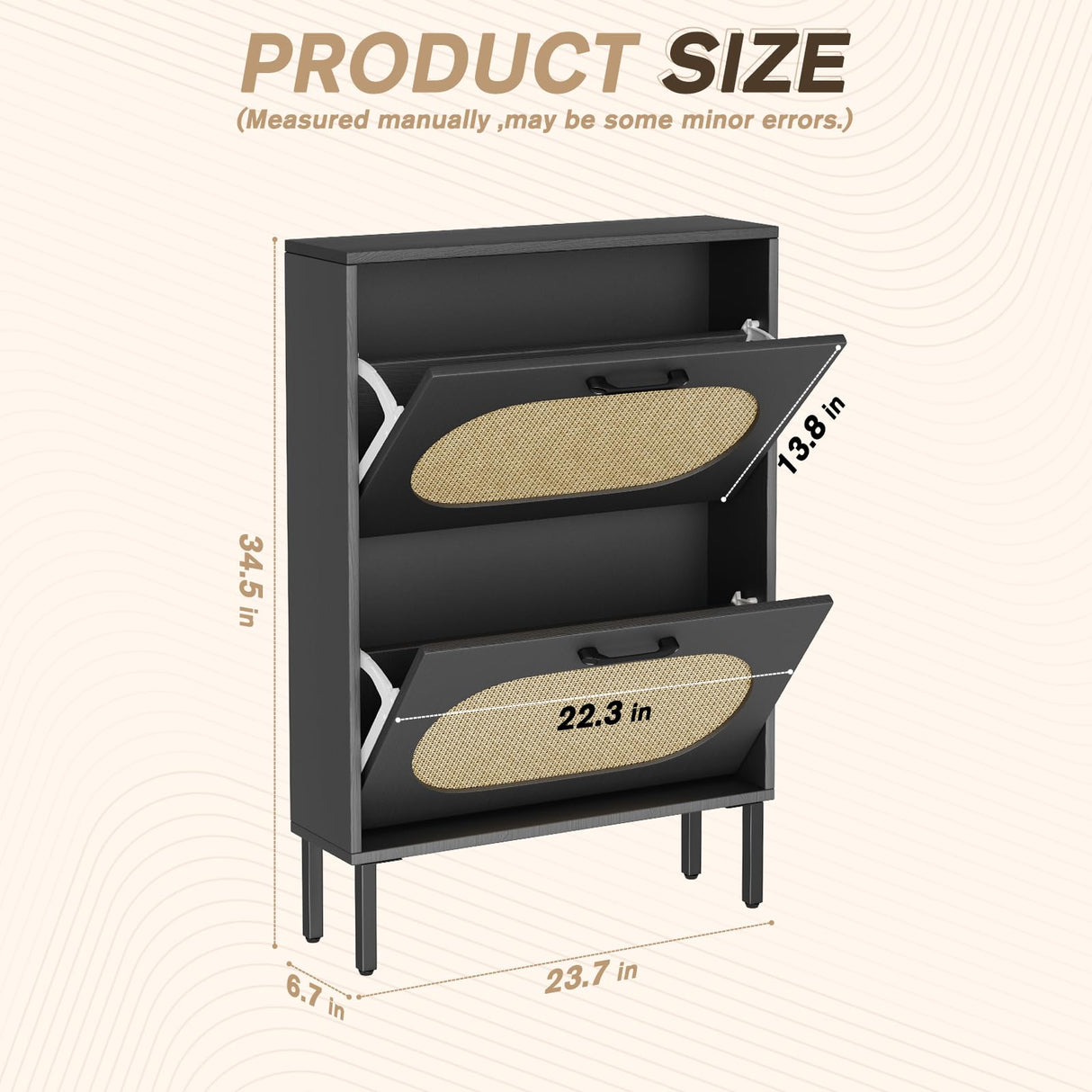 SUNCROWN Shoe Storage Cabinet with 2 Flip Drawers, Freestanding Narrow Shoe Rack Organizer for Entryway with Natural Semi-Circular Rattan Doors, Shoe Shelves,Black SUNCROWN