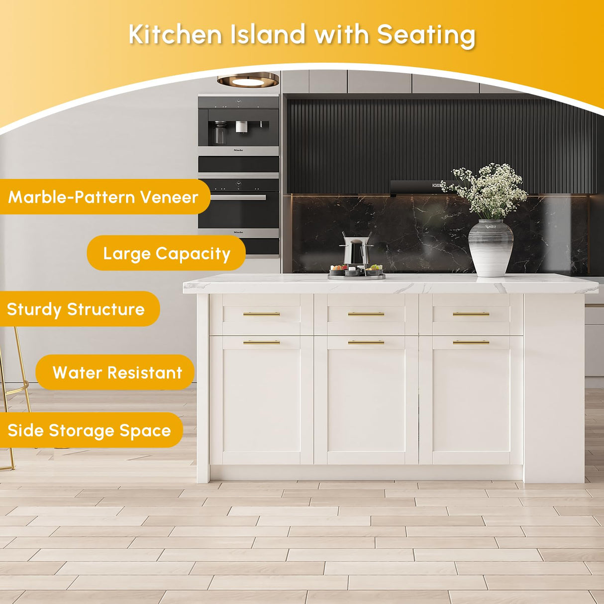 homary 72'' Kitchen Islands with Storage Modern White Kitchen Table with Seating & 3 Drawers Dining Table homary