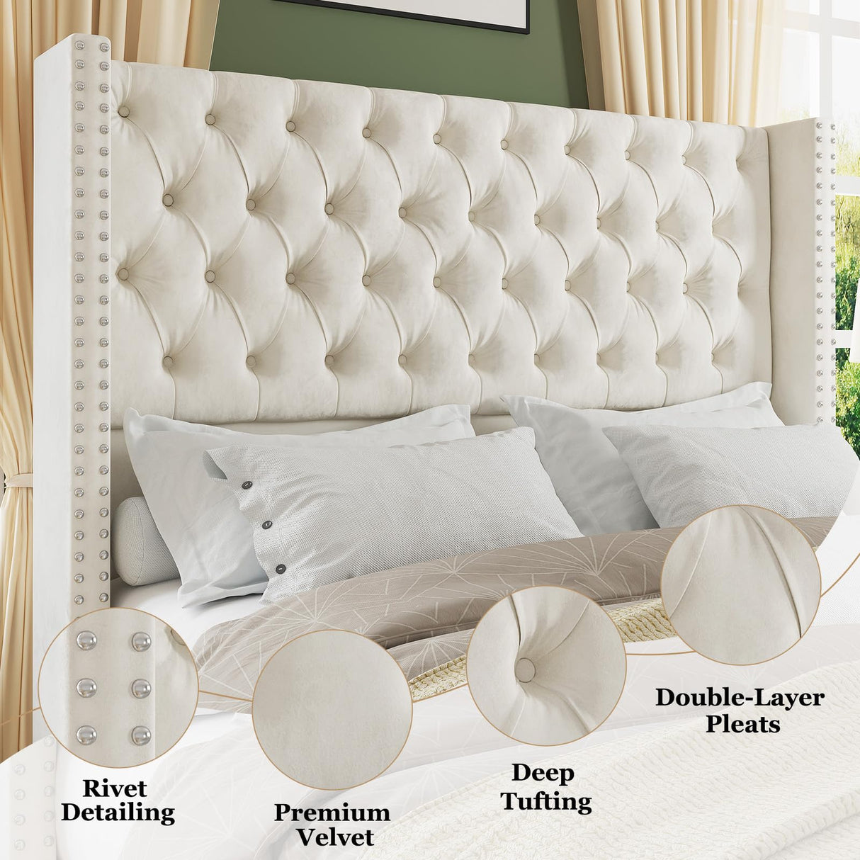 Jocisland King Upholstered Bed Frame with Tall Headboard Wingback Platform Bed Tufted Deep Button Velvet/No Box Spring Needed/Easy Assembly/Cream Jocisland