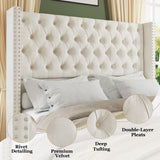 Jocisland King Upholstered Bed Frame with Tall Headboard Wingback Platform Bed Tufted Deep Button Velvet/No Box Spring Needed/Easy Assembly/Cream Jocisland