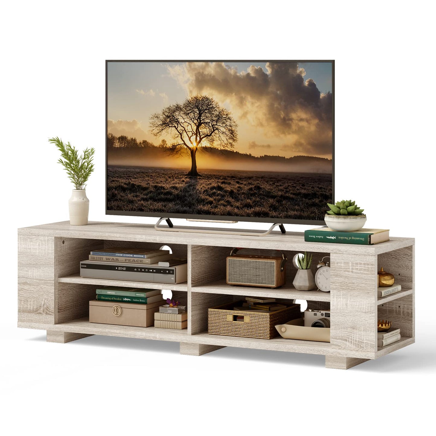 Tangkula Wooden TV Stand for TVs up to 65 Inch Flat Screen, Modern Entertainment Center with 8 Open Shelves, Farmhouse TV Storage Cabinet for Living Room Bedroom, TV Console Table (White Oak) - WoodArtSupply