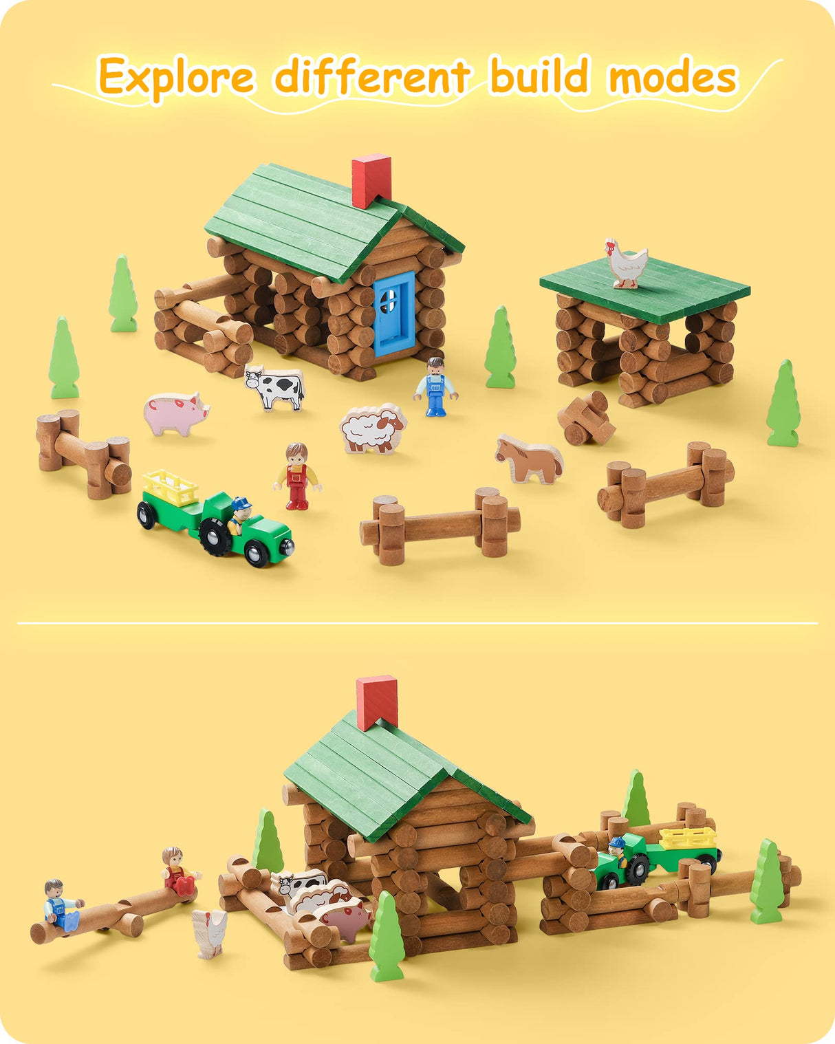 SainSmart Jr. Wooden Log Cabin Set Farm Building House Toy for Toddlers, 122 PCS Classic STEM Construction Kit with Colorful Wood Logs Blocks for 3+ Years Old SainSmart Jr.