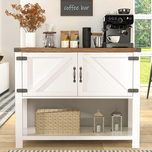 4ever2buy Farmhouse Coffee Bar Cabinet with Storage, Small Coffee Bar with 2 Doors & Shelf, White Coffee Bar Table, White Entryway Sofa Console Table for Living Room