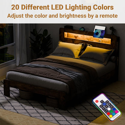 Zevemomo Queen Size Bed Frame with Charging Station, LED Lights & Noise-Free Design in Rustic Brown - WoodArtSupply