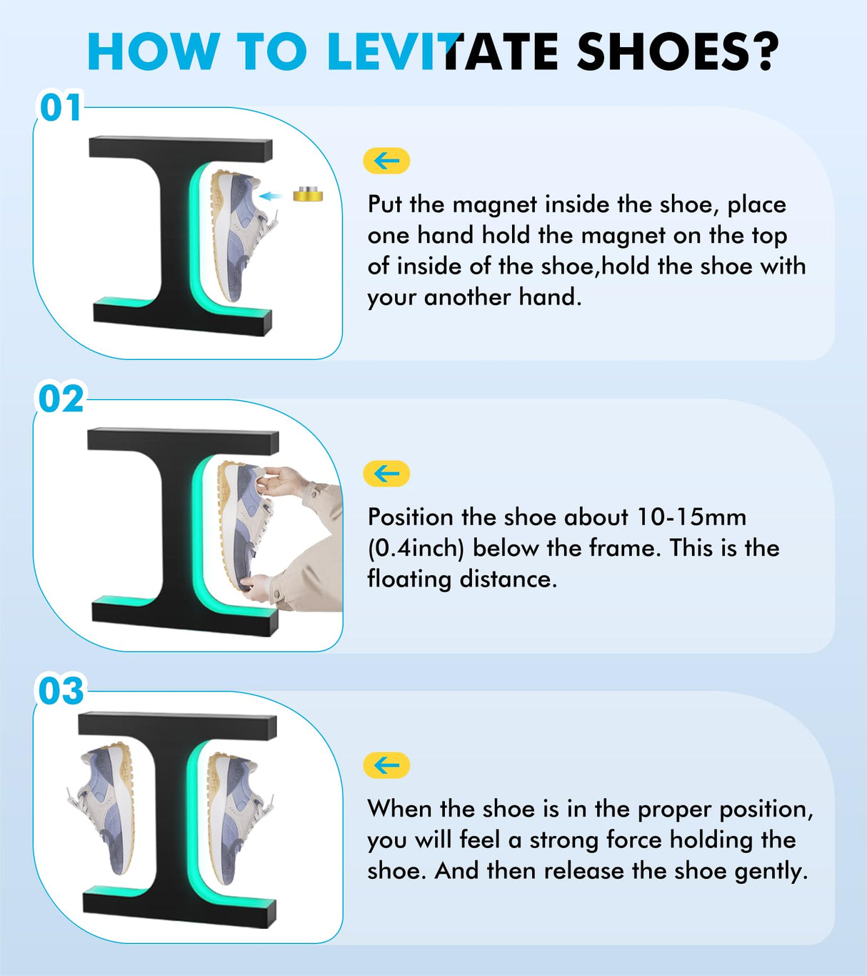 Meticuloso Levitating Shoe Display Stand, Hanging Shoe Rack LED Floating Shoe Display, for Shoe Weight <550g Magnetic Levitating Sneaker Stand for Shoes Collectors Advertising Exhibition Shoe Meticuloso