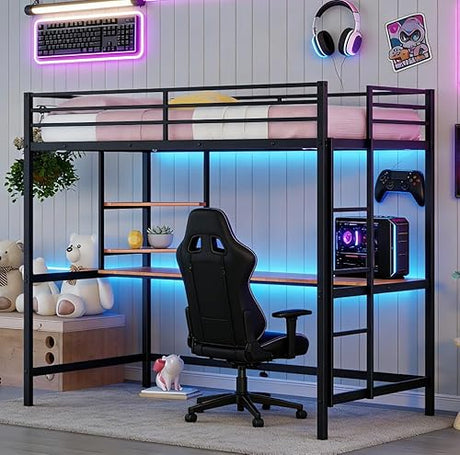 Bellemave Twin Size Loft Bed with Desk and 2 Shelves, Metal loft bedframe with Storage Shelves, Black Bellemave