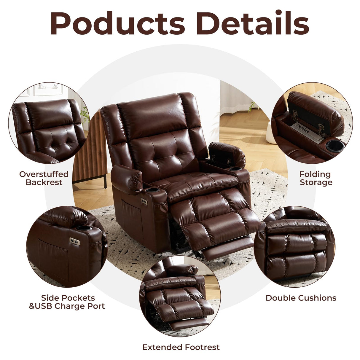 Dual Motor Power Lift Recliner Chair for Elderly with Massage and Heat, Oversized Lift Chair with Arm Storage, Lay Flat Lift Recliner for Adults, Big Tall, Infinite Position, Brown Rhevoy