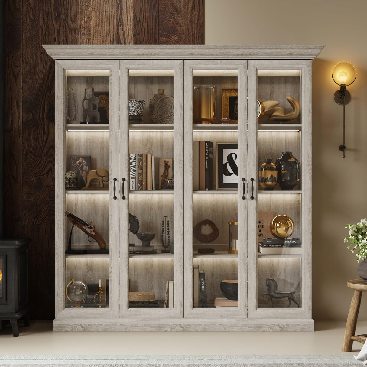 TAMUNE Display Cabinet with Lights, Bookcase Display Case Cabinet with 4 Glass Doors and 4-Tier Shelves, for Collectible, Grey Wood Grain 18.7" D x 68.5" W x 69.1" H TAMUNE