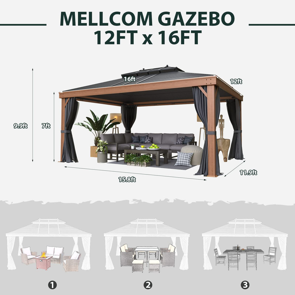 MELLCOM 12'x16' Hardtop Gazebo, Wooden Finish Coated Aluminum Frame Gazebo with Galvanized Steel Double Roof, Metal Gazebo with Curtains and Nettings for Patios, Gardens, Lawns MELLCOM