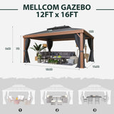 MELLCOM 12'x16' Hardtop Gazebo, Wooden Finish Coated Aluminum Frame Gazebo with Galvanized Steel Double Roof, Metal Gazebo with Curtains and Nettings for Patios, Gardens, Lawns MELLCOM