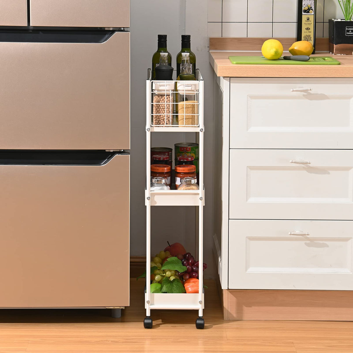 KINGRACK 3-Tier Rolling Utility Cart with Wheels, Metal Slim Storage Cart, Multifunctional Storage Organizer, Rolling Storage Cart for Kitchen, Office, Bathroom, Narrow Place, White KINGRACK