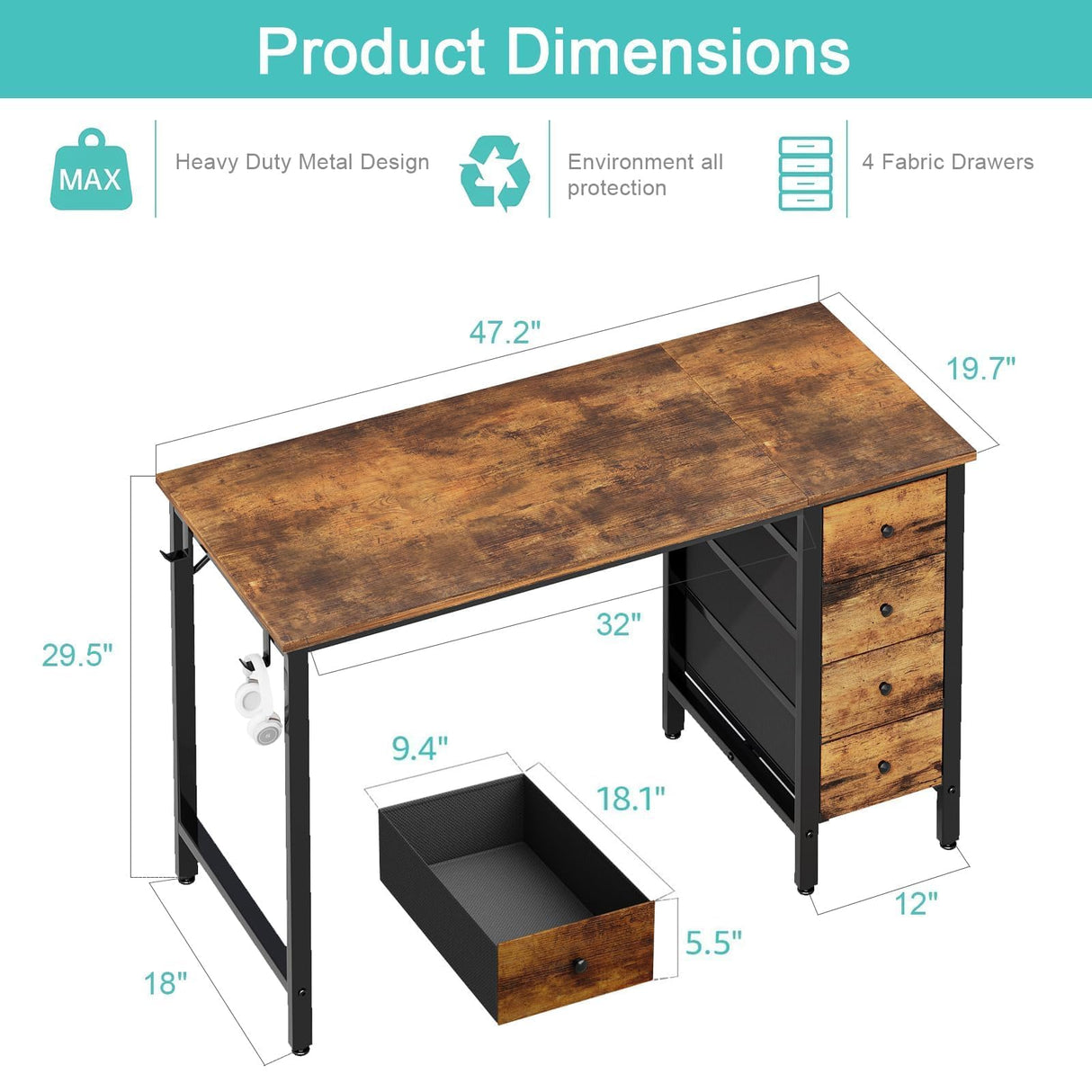 Lufeiya 47 inch Computer Desk with 4 Fabric Drawers, Writing Work Study Desk for Home Office Bedroom, Modern Simple Student PC Desks, Rustic Brown Lufeiya