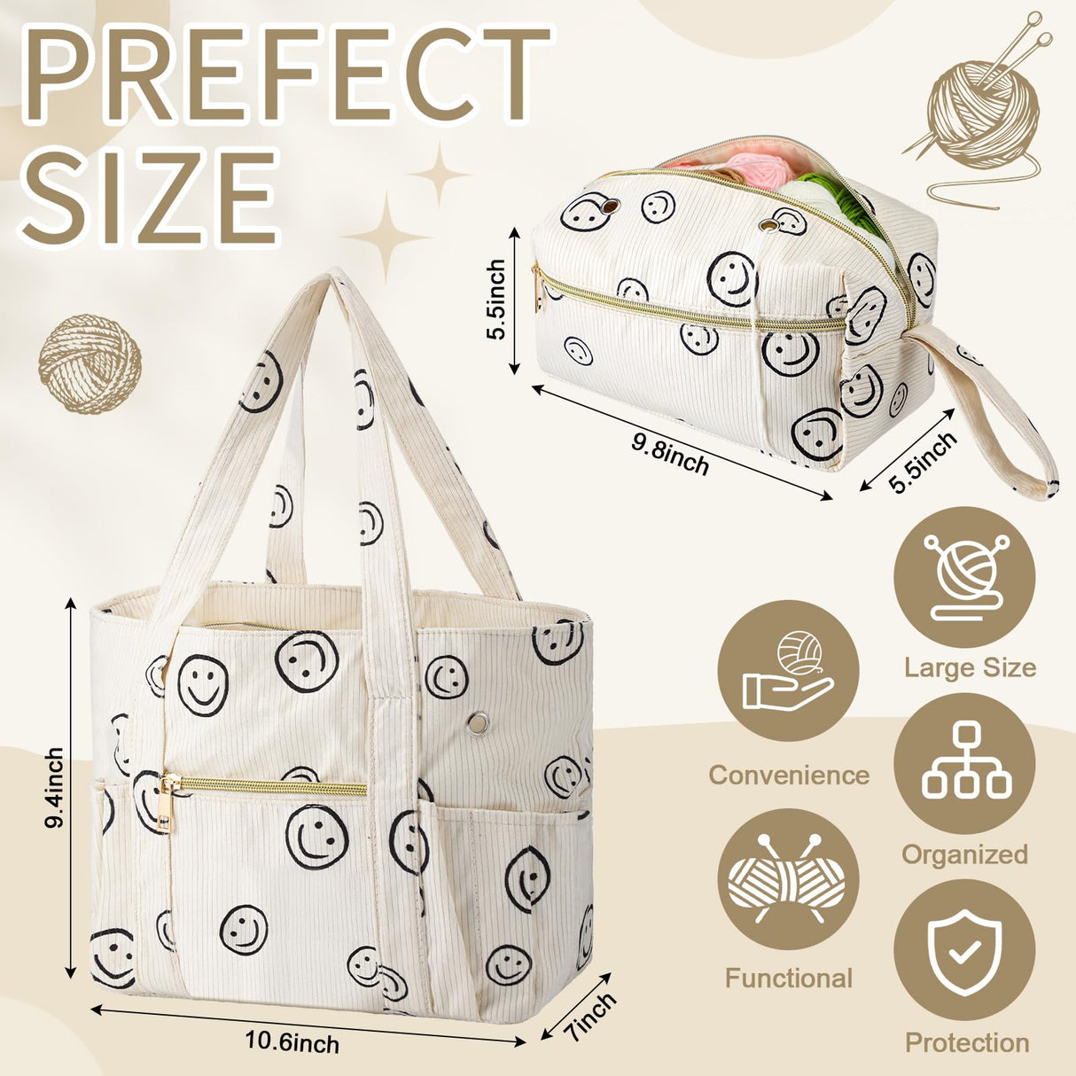 Bulyoou 2 Pcs Crochet Bag and Tote Set Corduroy Yarn Crochet Tote Bag for Hooks Organizer Smile Face Design Yarn Holder for Mother's Day Gift Lovers Knitting Accessories Bulyoou