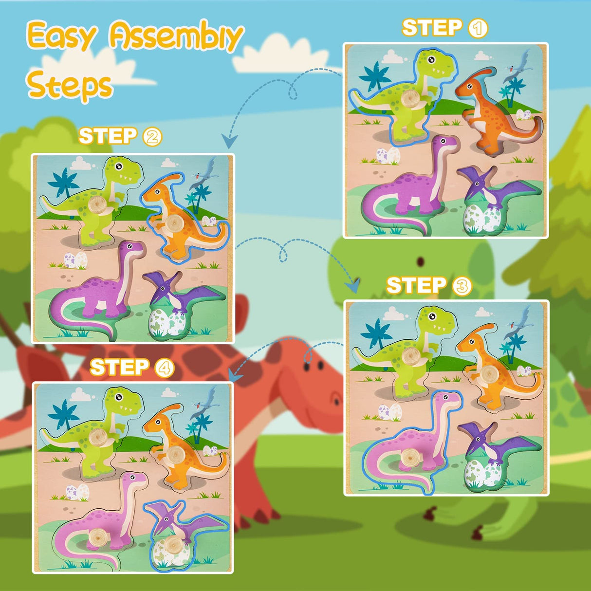 Wooden Toddler Puzzles, Funsland Peg Puzzles Gifts Toys, 4 Pcs Eco Friendly Animal Patterns Jigsaw with Handles, Infant Kid Fine Motor Skill Learning Educational Montessori Puzzles for 1 2 3 Years Old Funsland