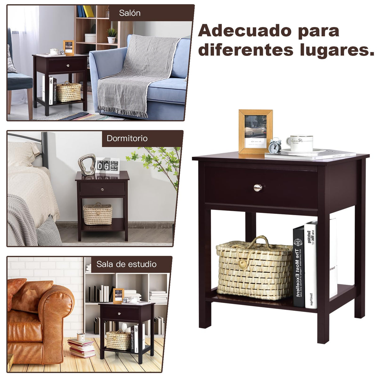 Giantex Nightstand, Wood End Table with Drawer and Open Shelf, Night Stand for Small Spaces, 2-Tier Bedside Table for Living Room Bedroom Dorm, Easy Assembly, Brown Giantex