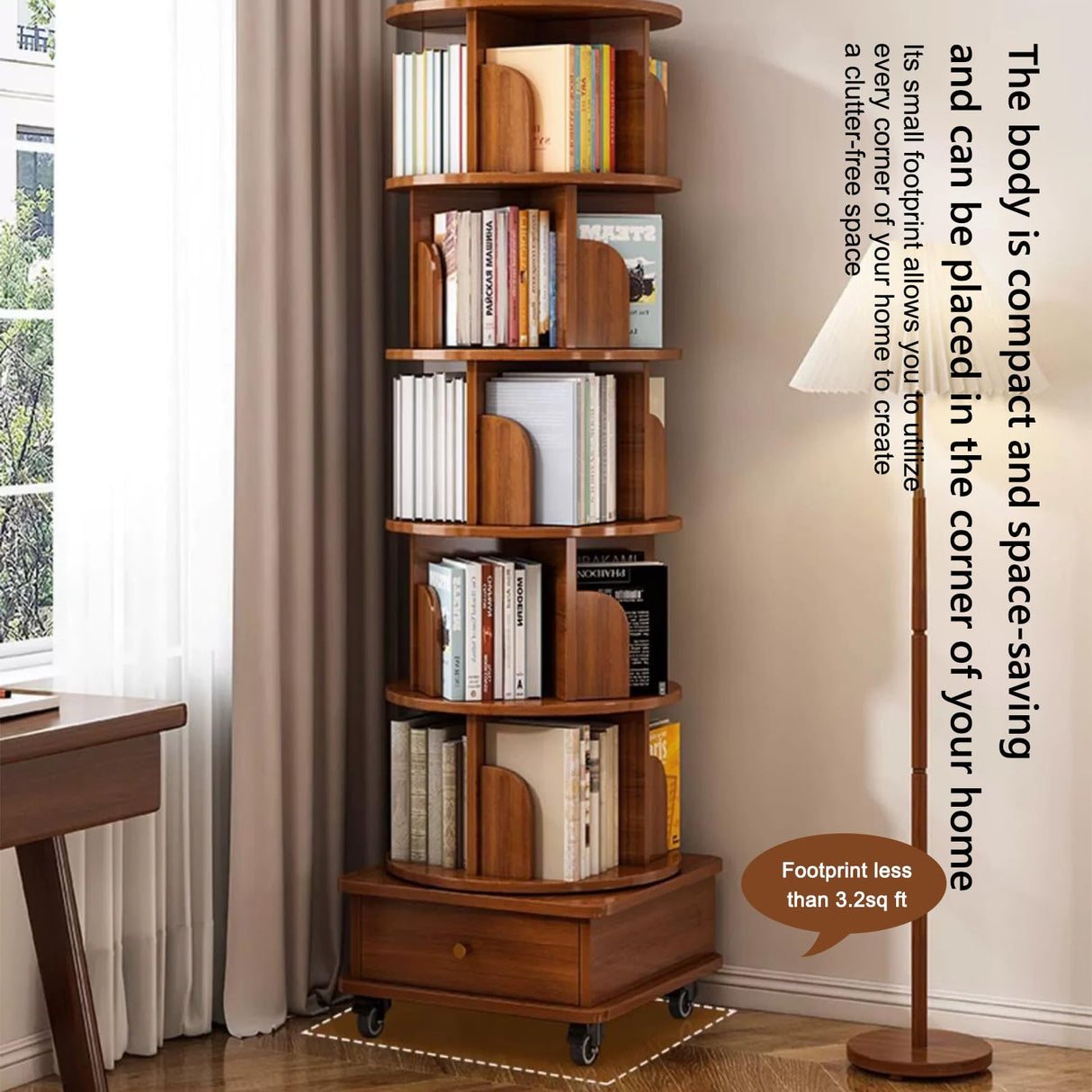 Elegant 360° Rotating Bookshelf with Storage - Compact Brown Design for Any Room LWQFHI