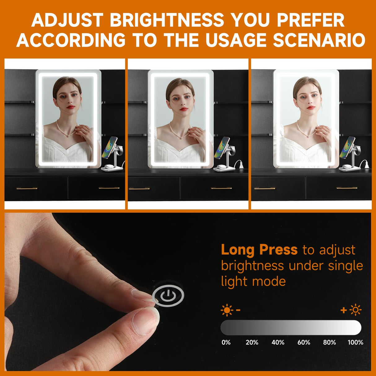 QUALIKRAFT Vanity Set with Mirror and Stool and Lights, Vanity Desk with Mirror & Power Outlet, Vanity Desk with Drawers, Black Vanity with Lighted Mirror, Dressing Table Set with 2 Large Drawers QUALIKRAFT