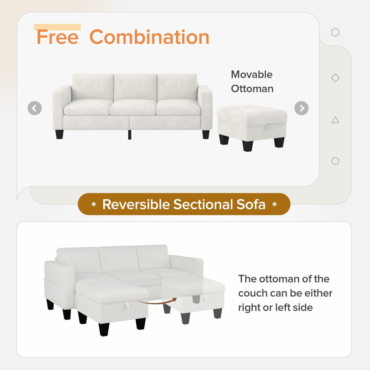 ZeeFu Convertible Sectional Sofa Couch,Classic 3 Seat L-Shaped Sofa Set with Movable Ottoman, Modern Beige Velvet Fabric Upholstered Small Sectional Sofa Couch for Small Apartment Living Room Office ZeeFu
