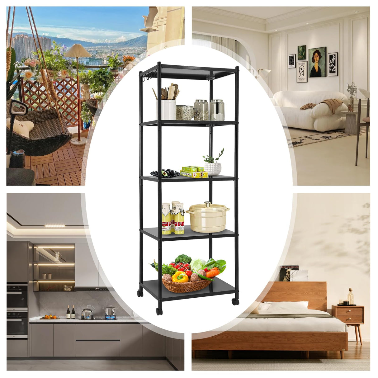 AHULIN 5 Tiers Adjustable Kitchen Storage Rack with Wheels,Freestanding 62In Shelving Storage Rack for Garages, Kitchens, Living Rooms(Black) AHULIN