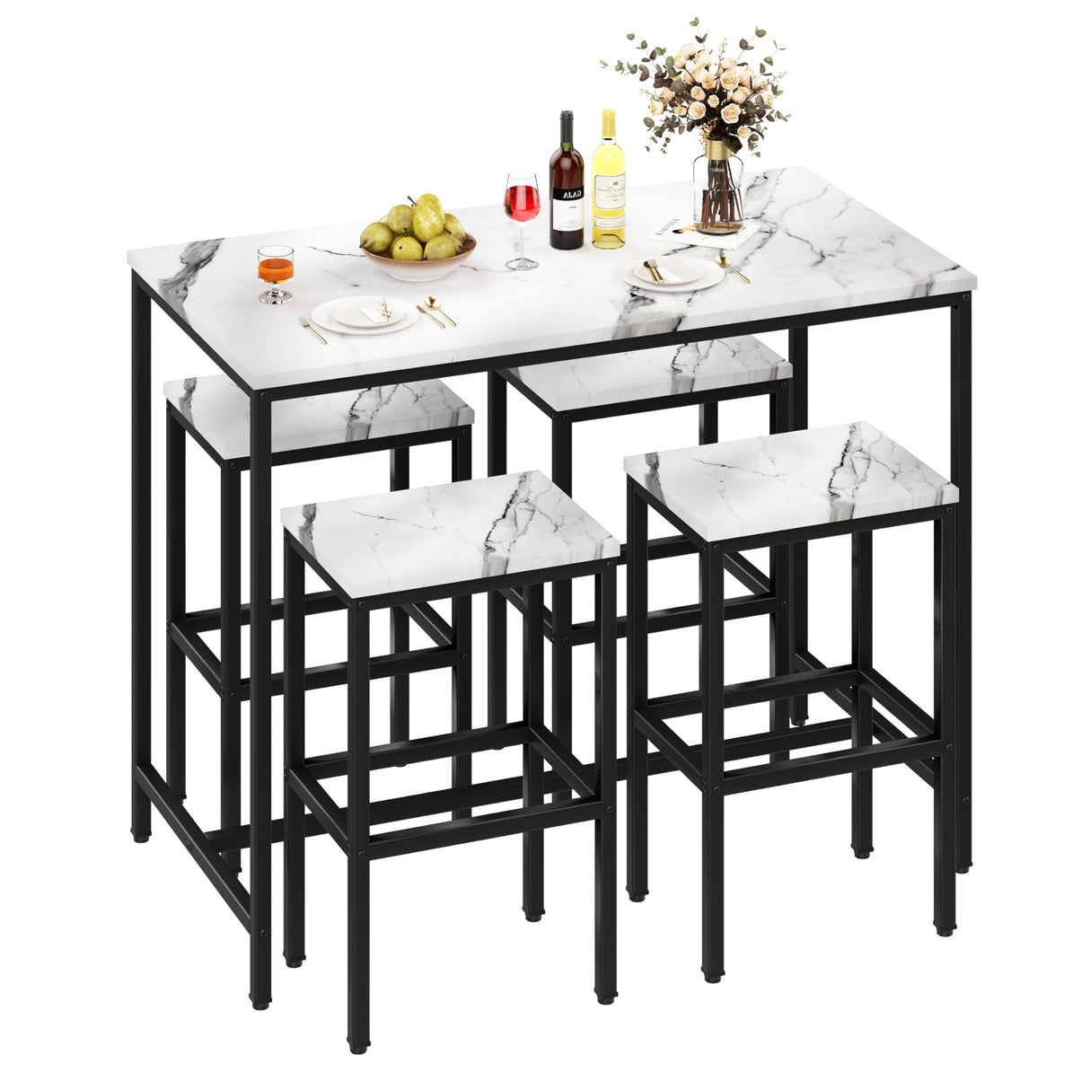 Yongchuang Modern 5 Piece Bar Table Set with White Faux Marble Top and 4 Backless Stools Yongchuang