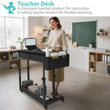 Small Portable Rolling Standing Desk - 32 Inch Adjustable Mobile Stand Up Teacher Desks with 2 Fabric Drawers on Wheels for Classroom, Couch Sofa Side Laptop Table with Storage for Home Office, Black WINAZ