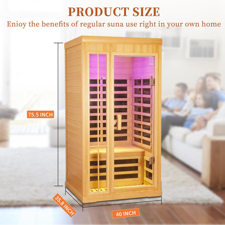 KOOZONEGM 1 to 2 Person Infrared Sauna,Hemlock Wood Low EMF FAR Dry Sauna Indoor Saunas for The Home Remote Control, with Colored Lights 1350W,Room:75.59 * 35.82 * 40Inch KOOZONEGM