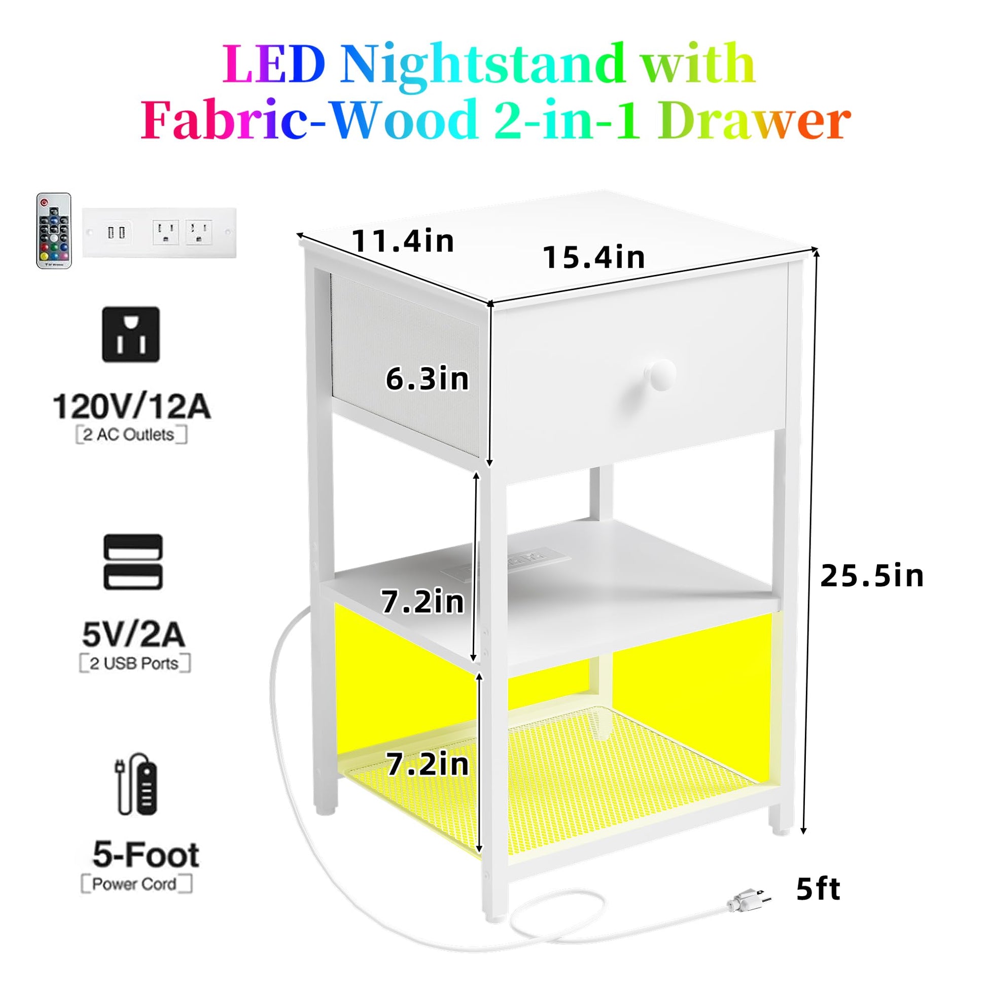 LTTDOUK LED Nightstands Set of 2 with Charging Station, Bedside Tables with USB Ports and Outlets, End Table with Fabric-Wood 2-in-1 Drawer, White Side Table for Bedroom, Living Room - WoodArtSupply