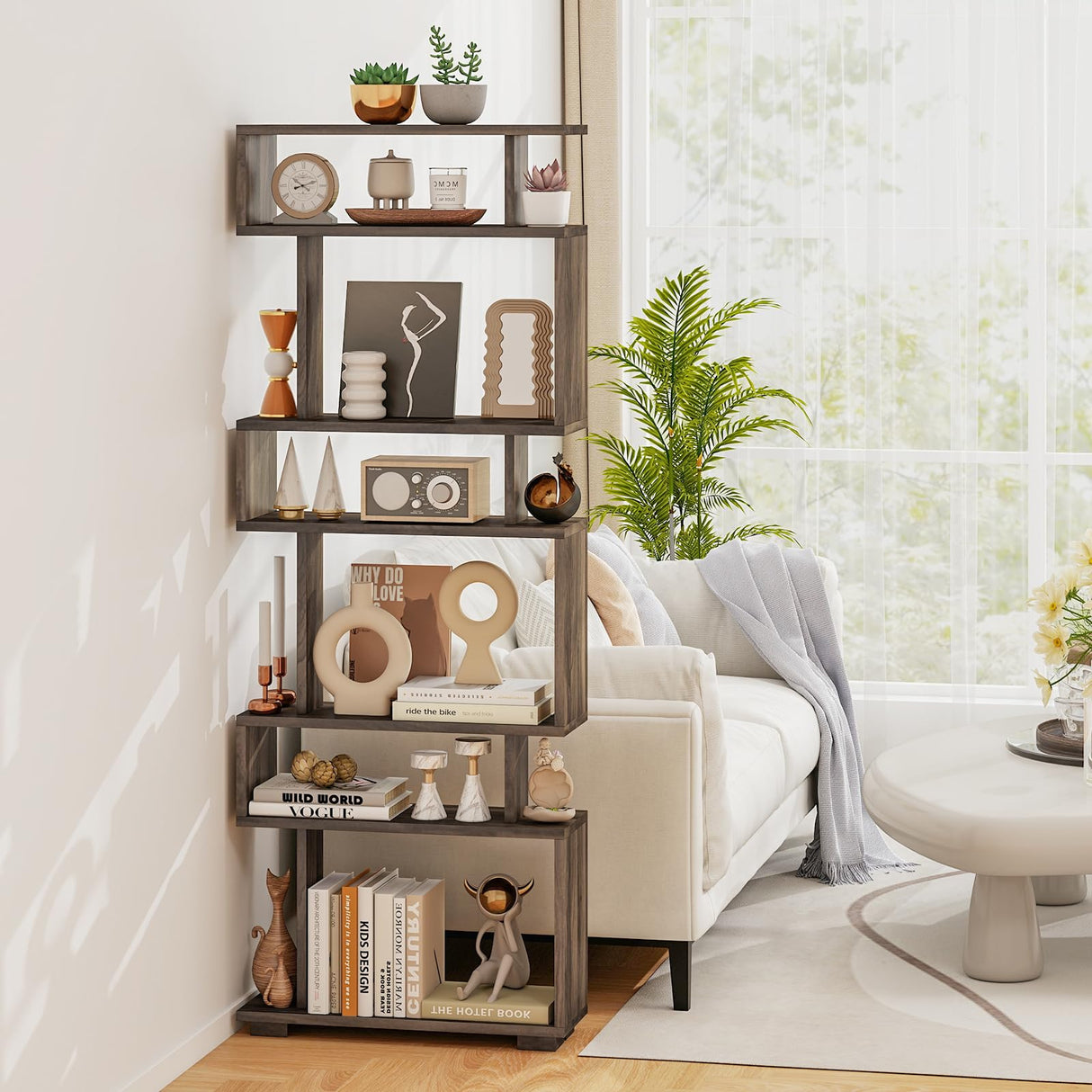 Tangkula 6-Tier S Shaped Bookcase, 64" Tall Modern Geometric Bookshelf with Anti-Tipping Kit, Home Office Freestanding Decorative Storage Display Shelf Room Divider for Living Room Study (1, Walnut) Tangkula