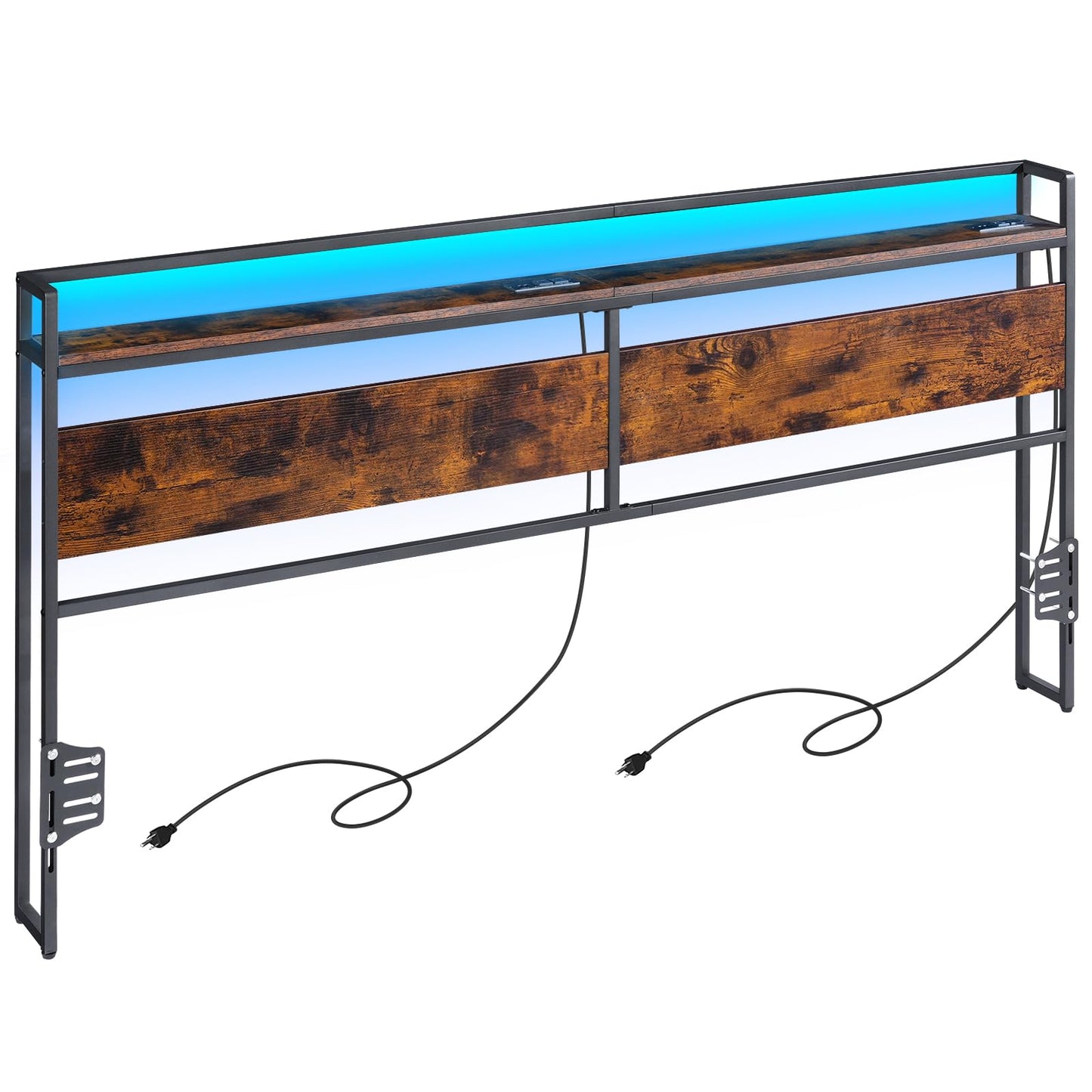 Rustic Brown ELYKEN King Size Headboard with Power Outlet & LED Strip Lighting - WoodArtSupply