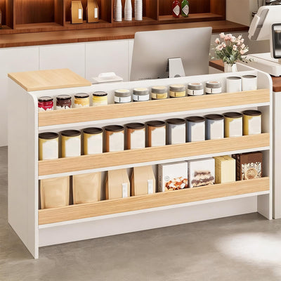 Small Reception Desk, Retail Counter with Outer Display Shelf & Lockable Drawer, Modern Front Desk Reception Room Table, Checkout Table for Lobby, Shop, Home Office (Right Hand Cabinet, 39.37 in)