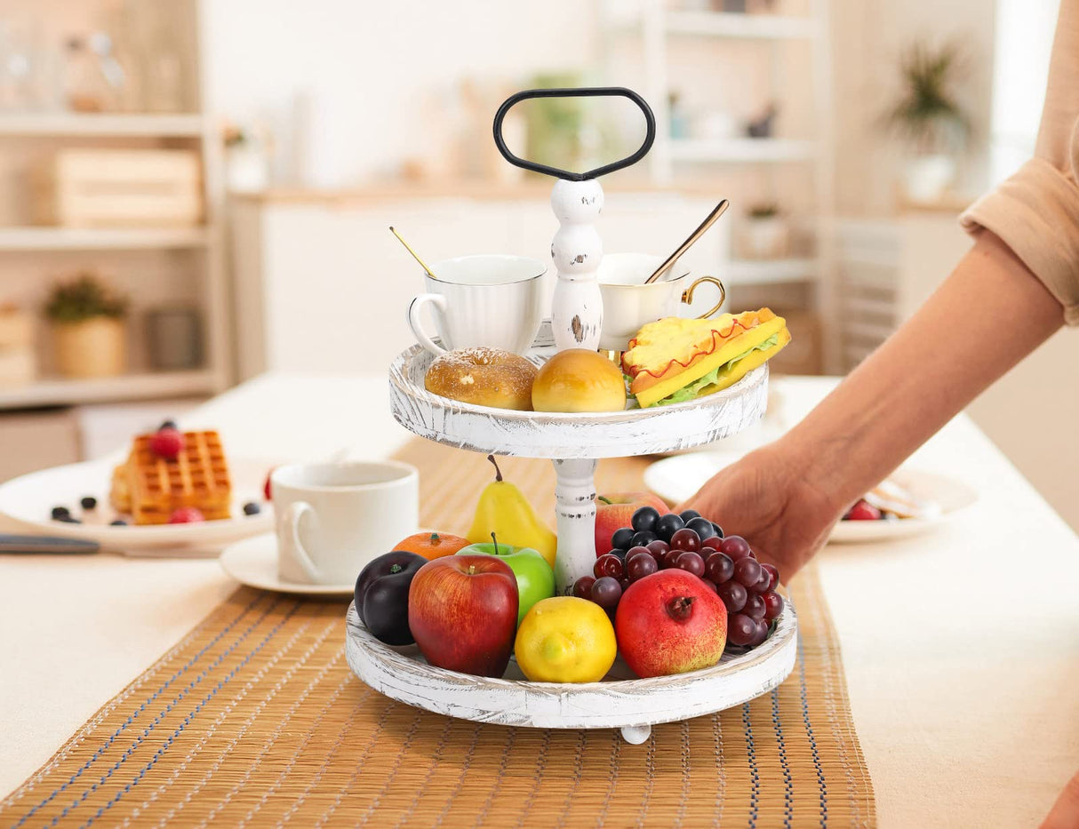 Farmhouse Wooden Decorative Two Tiered Trays+ Pu Leather Tray,Wood 2 Tier Serving Tray Stand for Rustic Table Centerpiece,Kitchen Decor,Coffee Bar, or Cupcake Stand (White) TANYRE